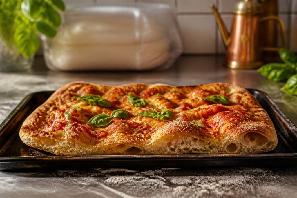 Pinsa dorée rectangulaire sur une plaque de four en cuisine