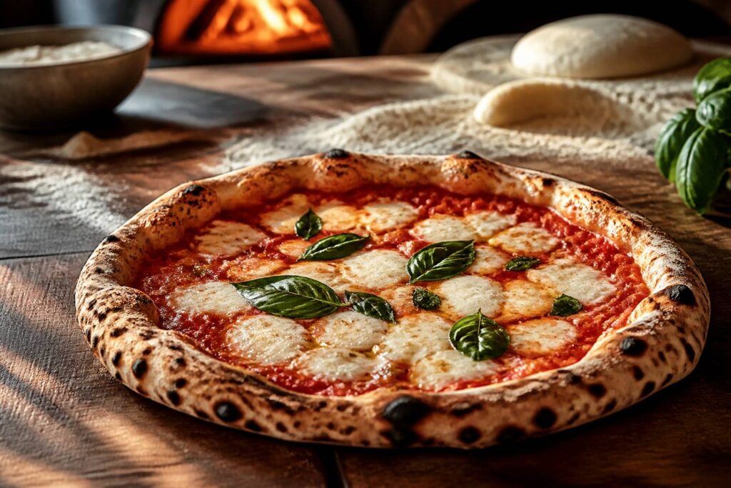 Pizza napolitaine à croûte léopardée sur une table en bois
