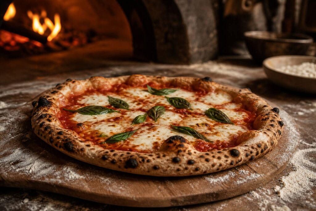 Pizza artisanale à la croûte léopardée, fromage fondant et basilic frais sur planche en bois farinée
