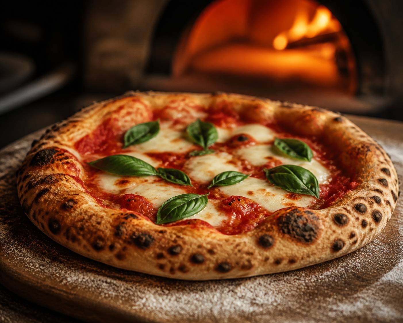 Pizza à croûte léopardée garnie de basilic frais sortant du four