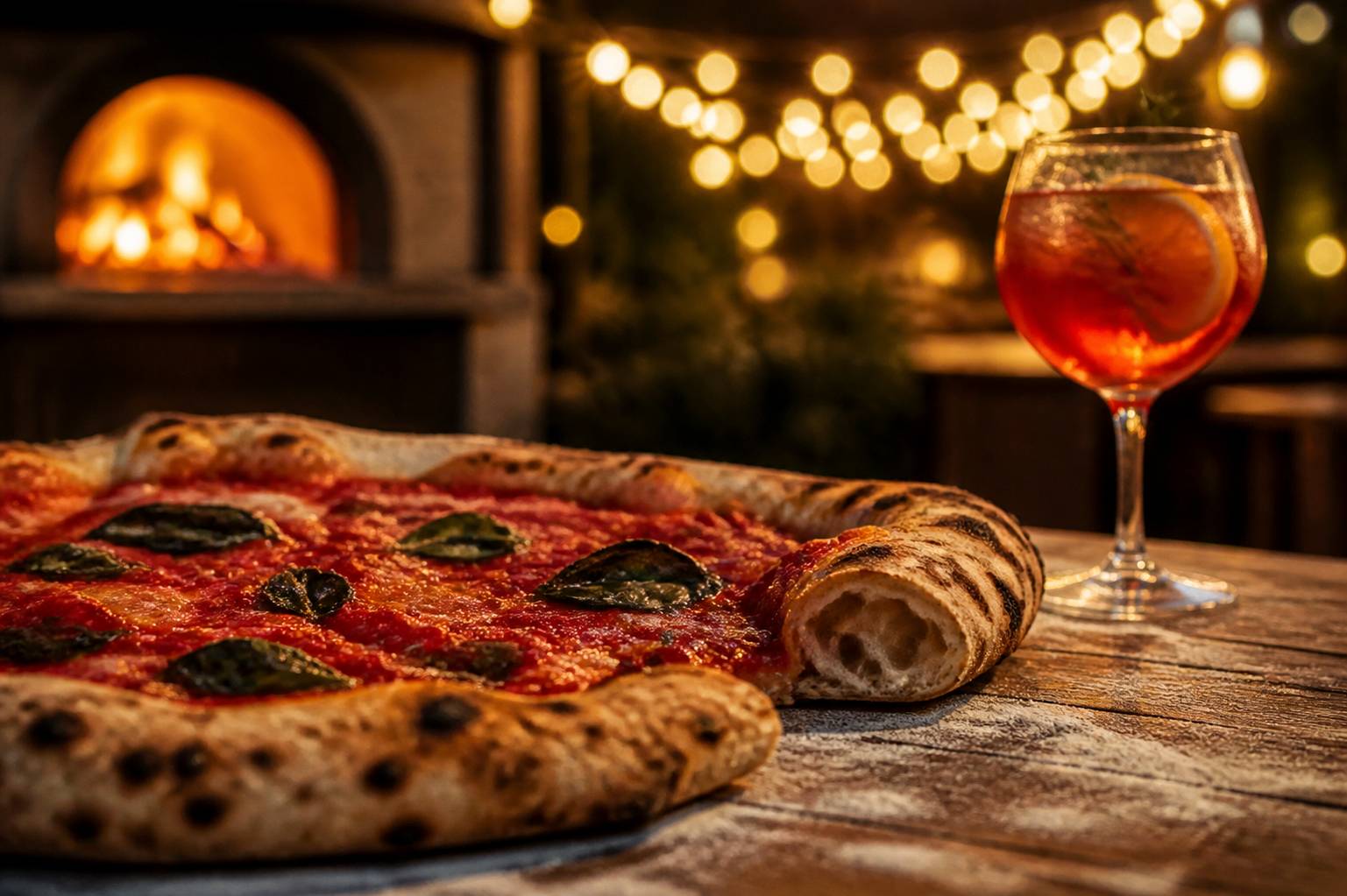Pizza à la croûte léopardée garnie de tomate et de basilic sur une table de terrasse
