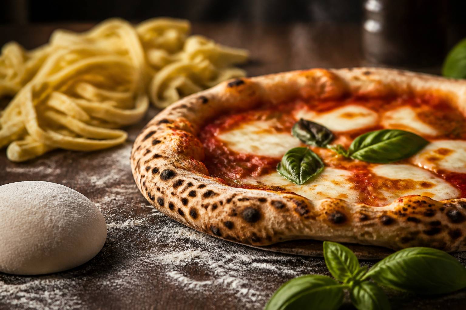 Pizza générique cuite au feu de bois avec croûte léopardée, basilic frais et pâtes aux œufs