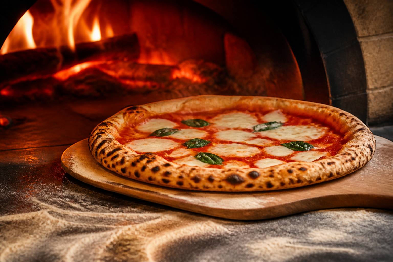 Pizza générique à croûte léopardée sortant d'un four à bois sur une pelle