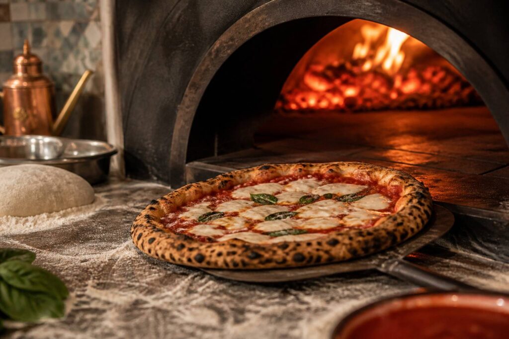 Pizza sortant d'un four à bois avec une croûte léopardée