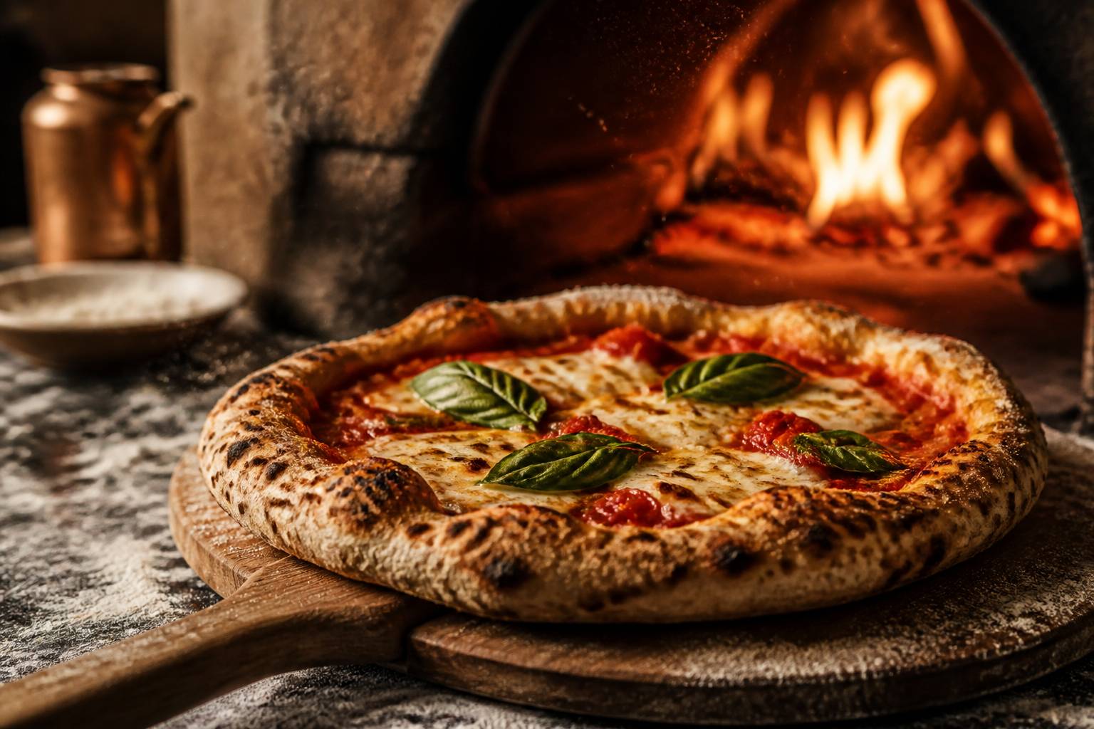 Pizza à croûte léopardée sortant d'un four à bois sur une pelle