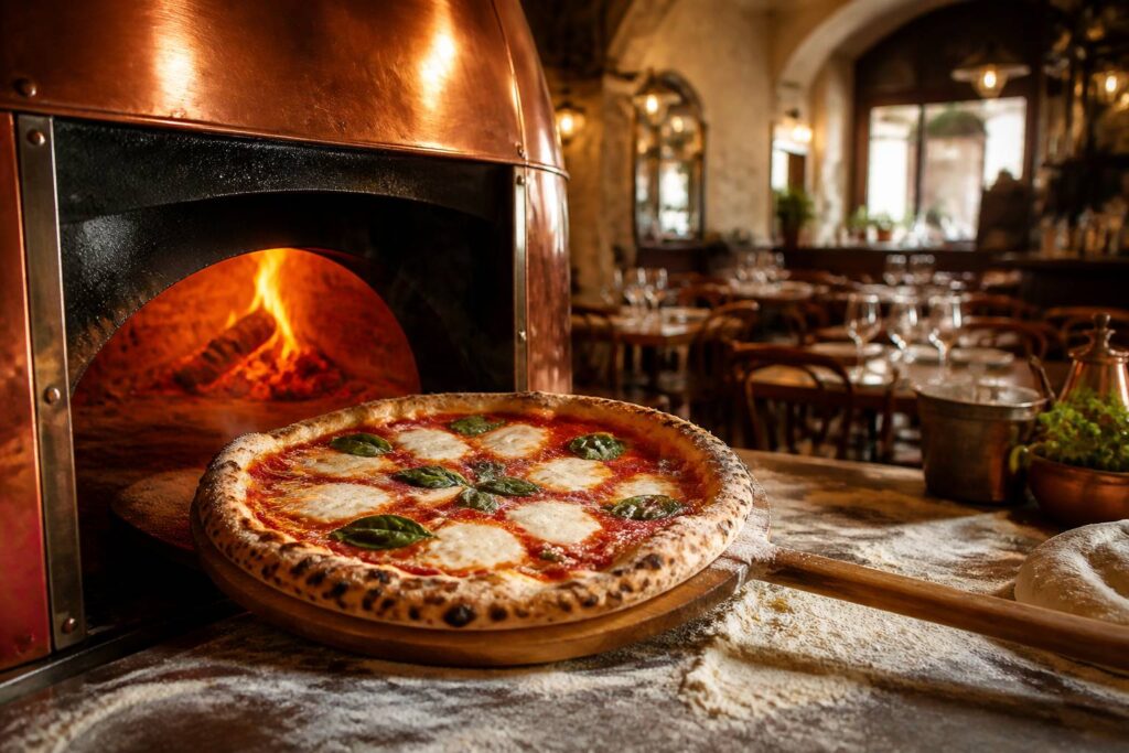 Pizza sortant d'un four en cuivre avec croûte léopardée