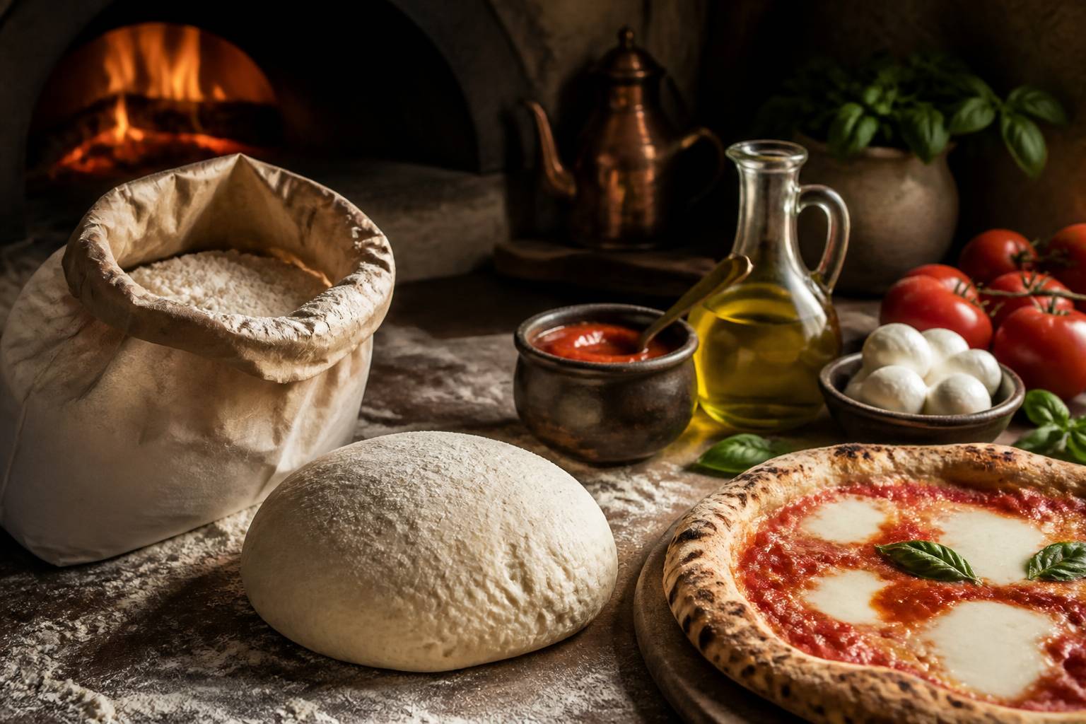 Ingrédients de pizza maison : farine, mozzarella, tomates et huile d'olive