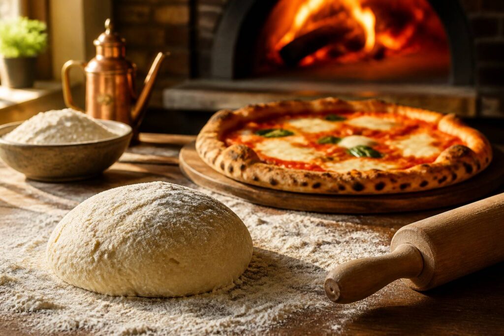 Boule de pâte à pizza sur table farinée avec une pizza cuite à la croûte léopardée