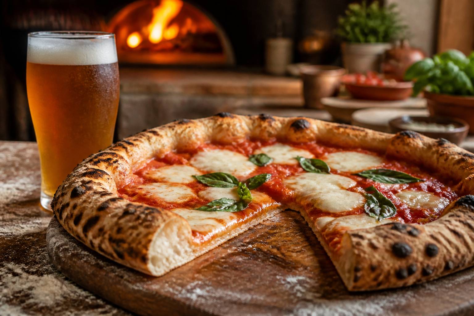 Pizza margherita au feu de bois avec un verre de bière