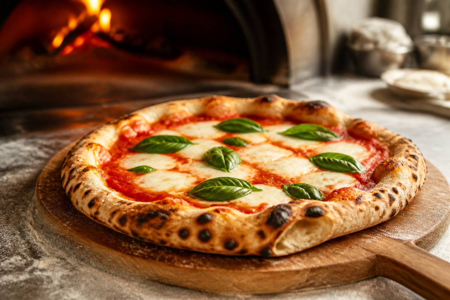 Pizza margherita générique à croûte léopardée avec mozzarella fondante et basilic