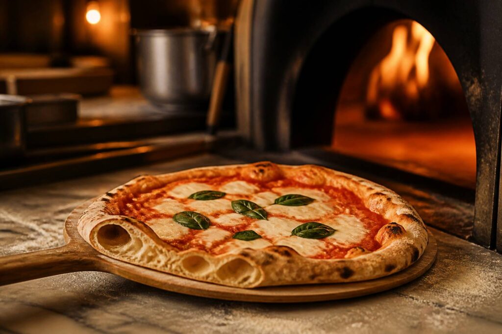 Pizza margherita sortant du four à bois sur une pelle en bois