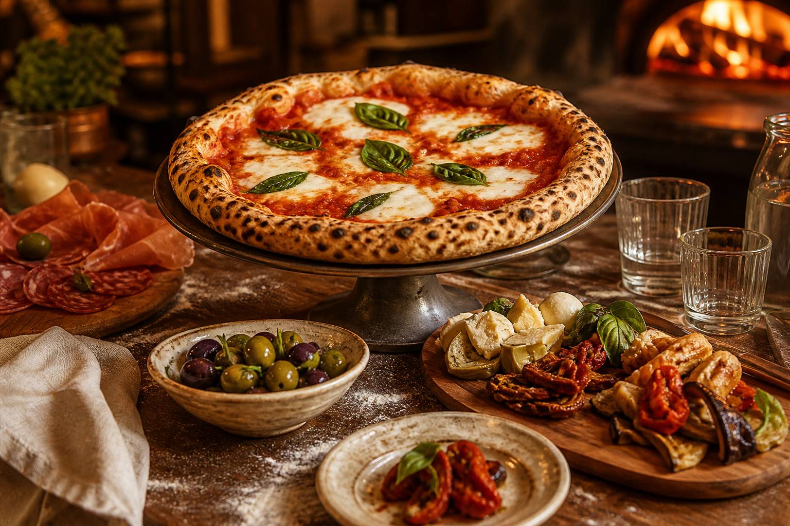 Pizza margherita sur une table avec des planches à partager