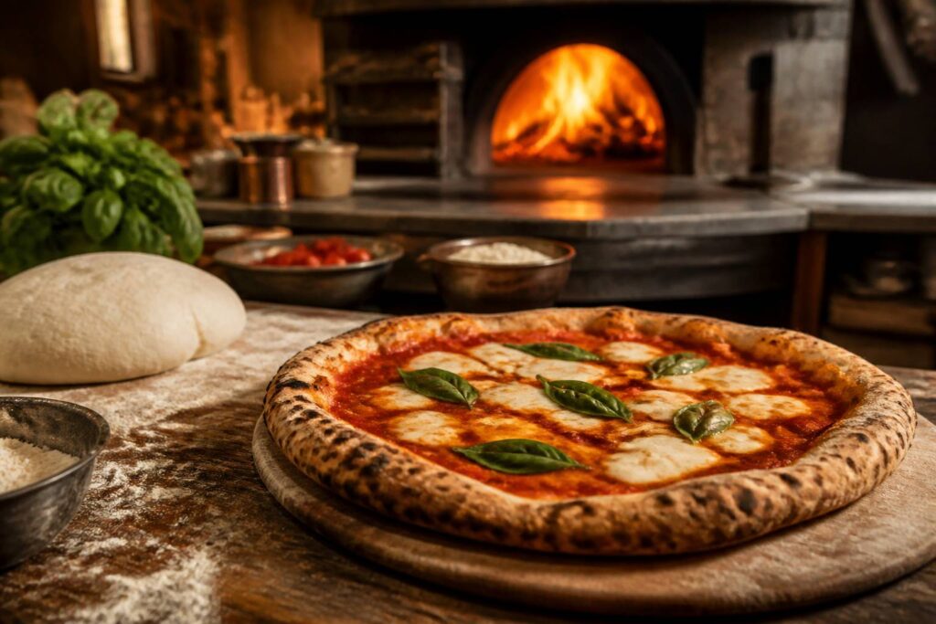 Pizza napolitaine entière à la croûte gonflée sur une planche en bois
