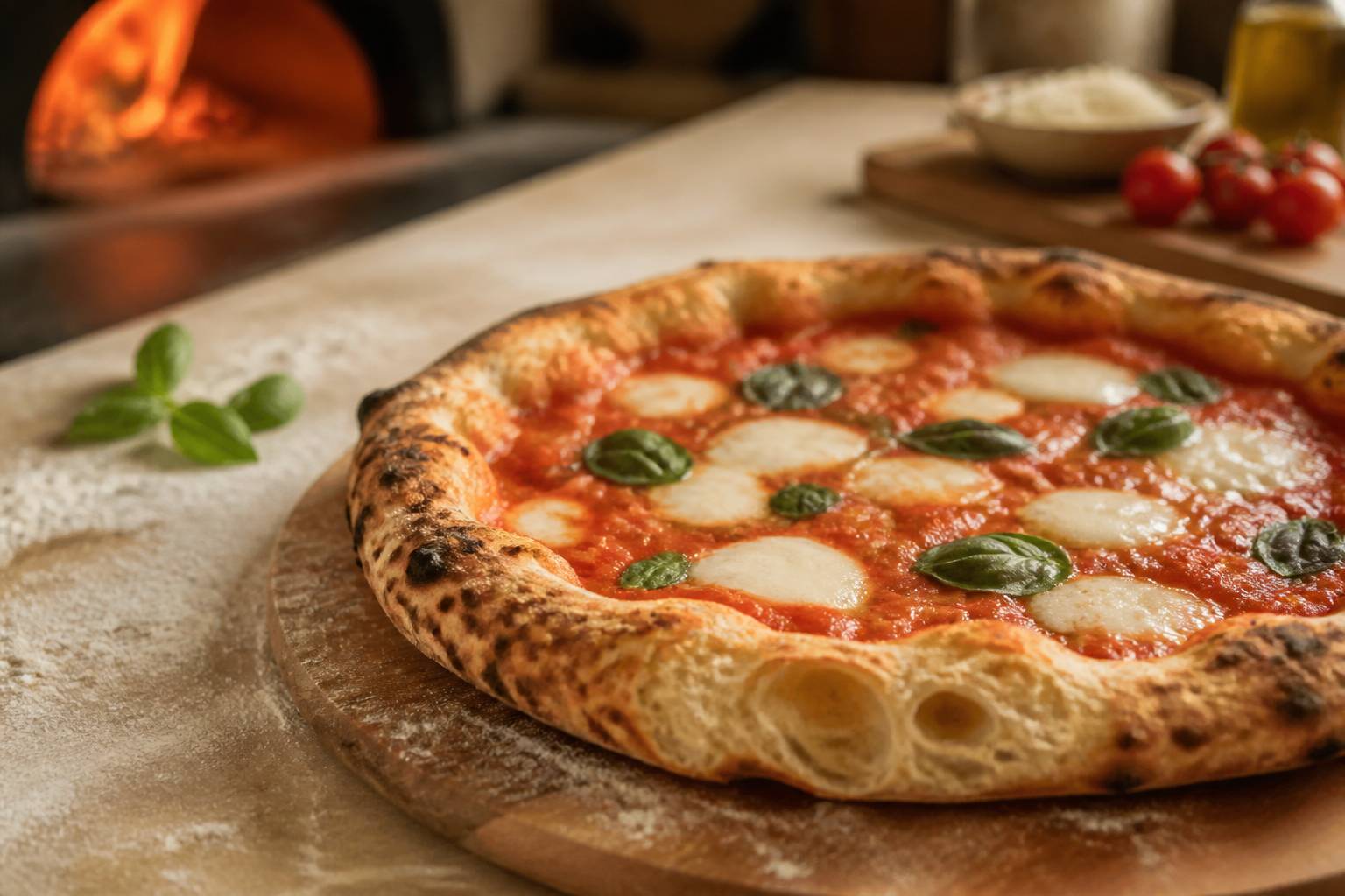 Pizza napolitaine sur plateau en bois avec croûte alvéolée mozzarella et basilic