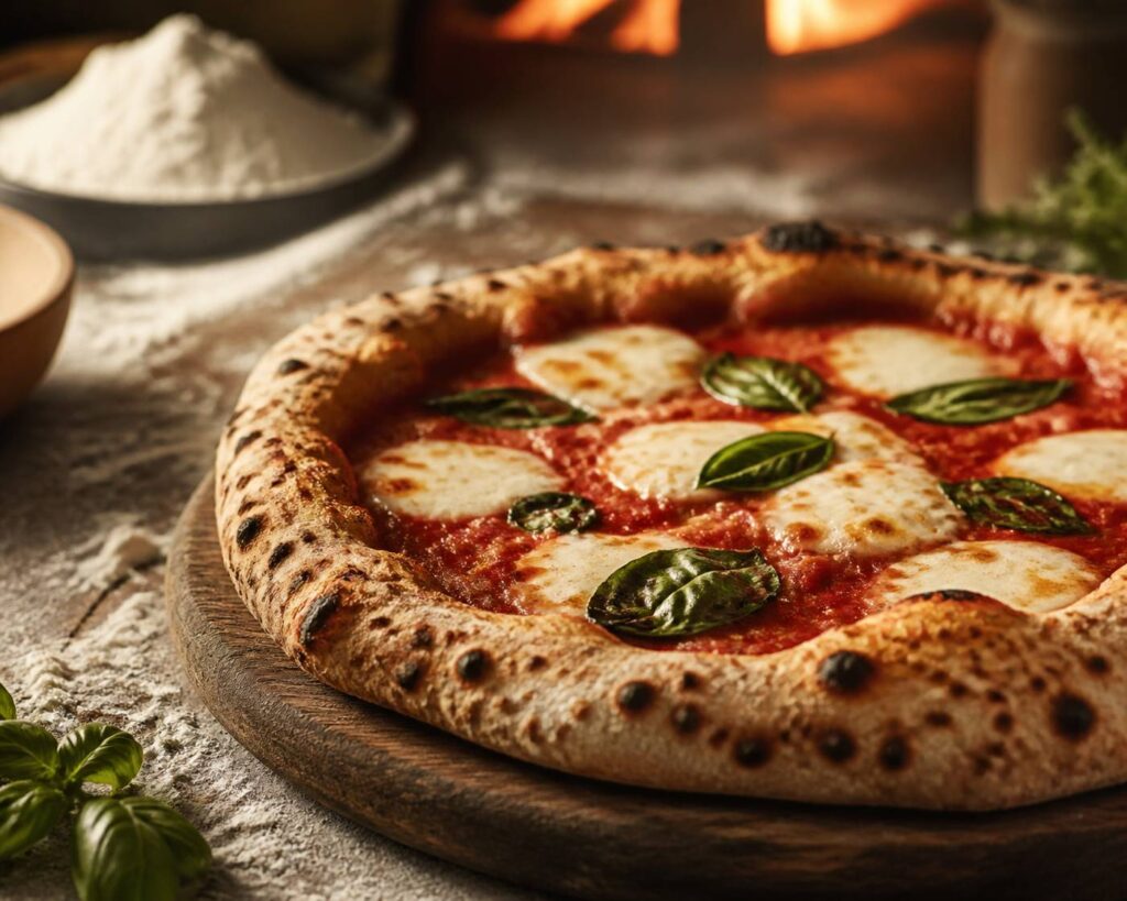 Pizza napolitaine à la croûte léopardée et mozzarella fondante sur une planche en bois