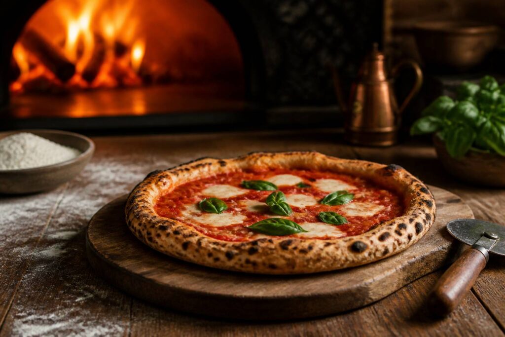 Pizza napolitaine à la croûte léopardée avec sauce tomate et basilic sur planche