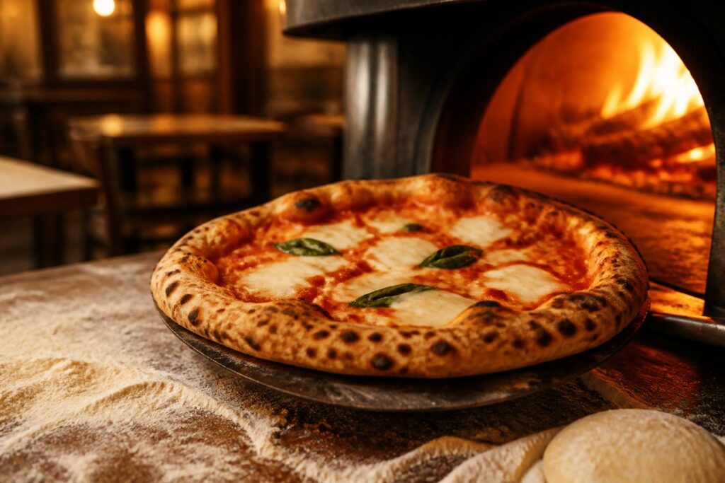 Pizza napolitaine à croûte léopardée sortant d'un four à bois