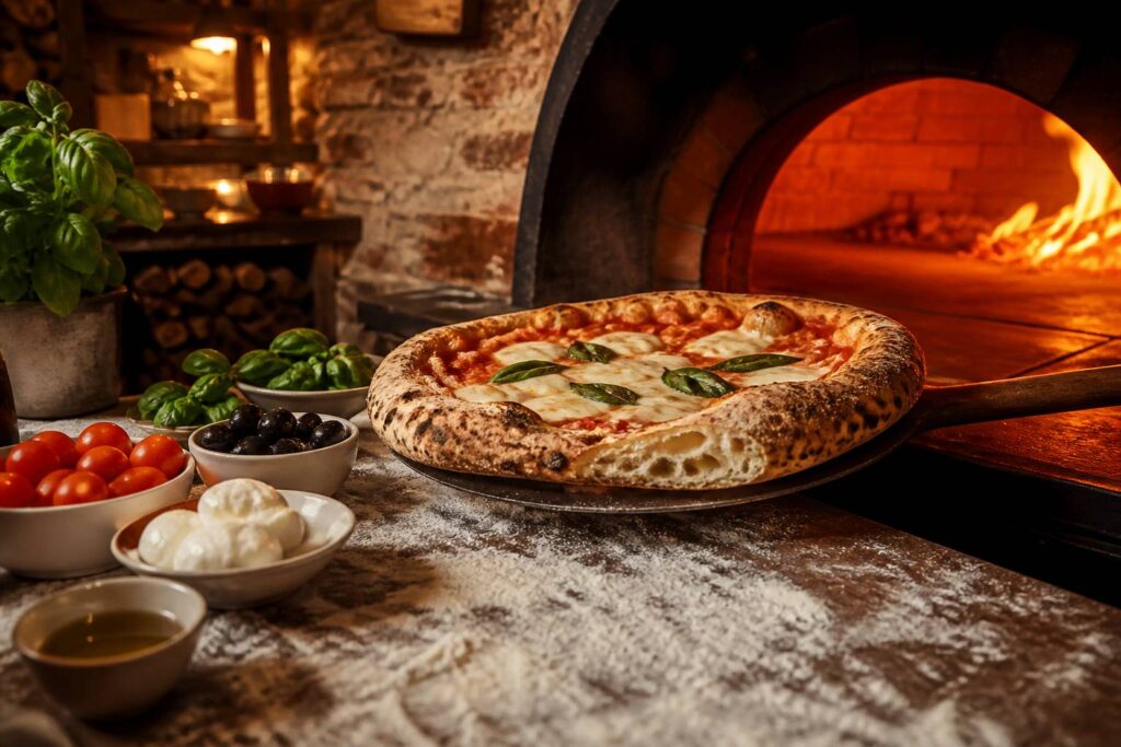 Pizza napolitaine sortant du four à bois sur une pelle