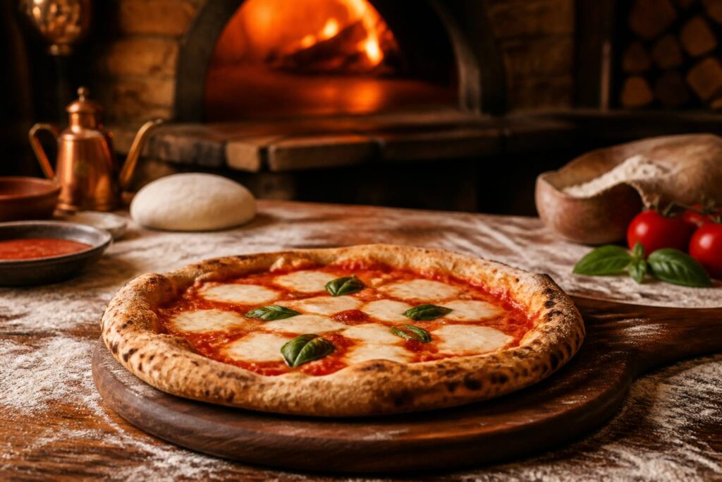 Pizza napolitaine à croûte léopardée sur planche avec basilic