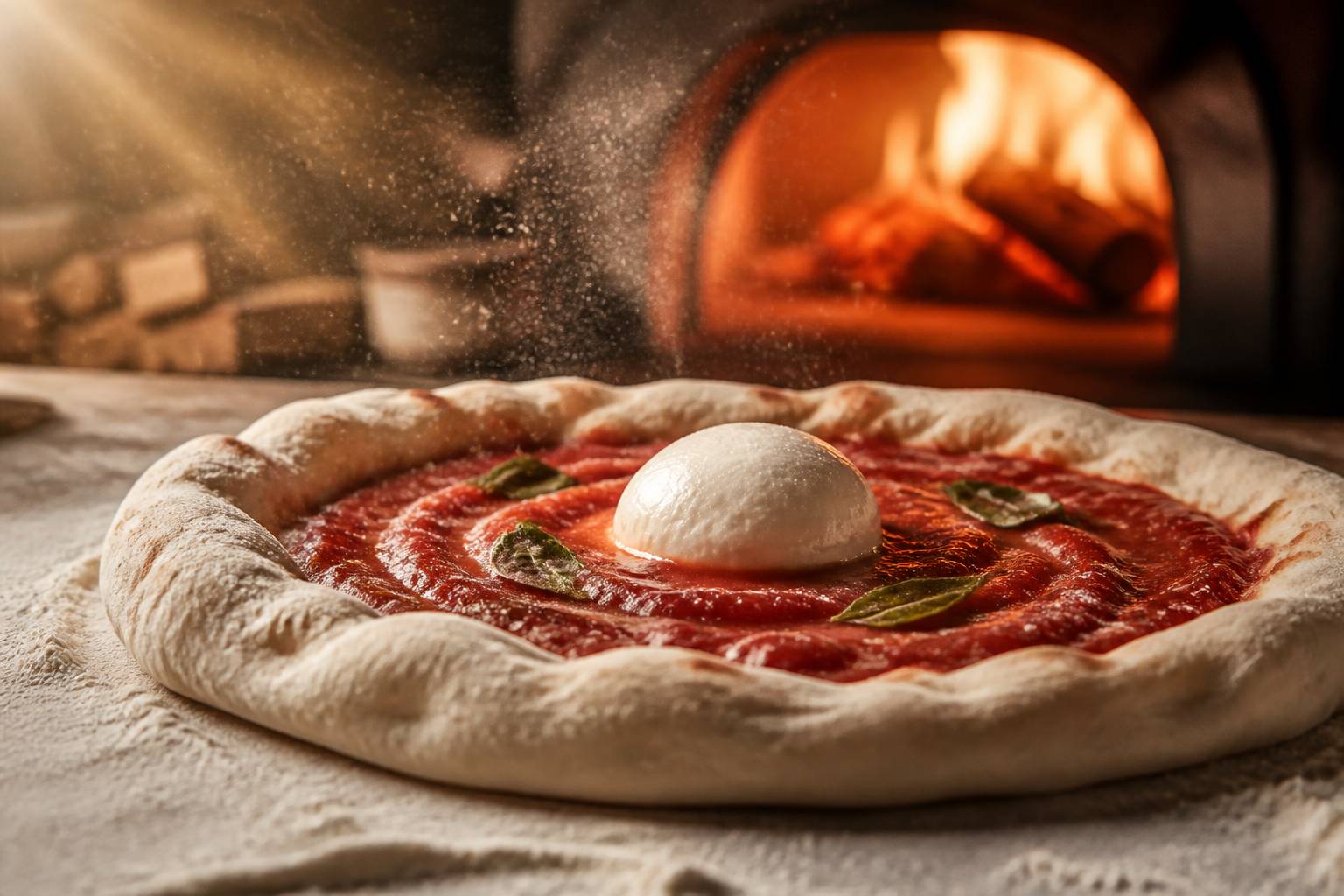 Pâte de pizza napolitaine crue farinée avec coulis en spirale