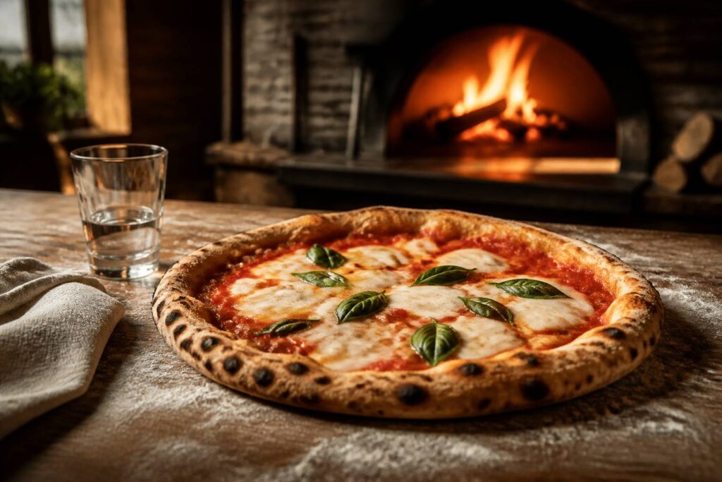 Pizza napolitaine à la croûte léopardée sur une table en bois farinée