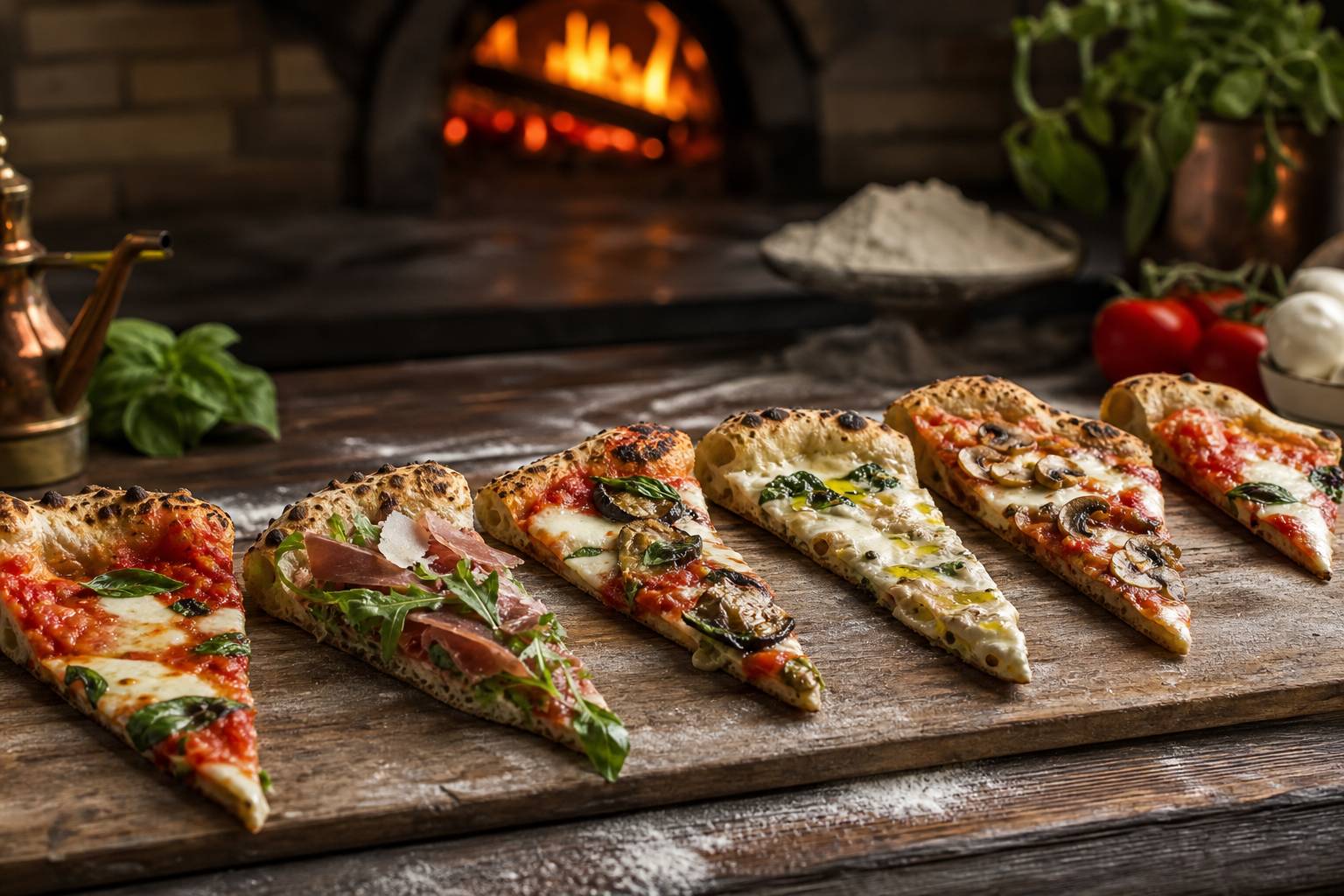 Parts de pizza aux garnitures variées alignées sur une planche en bois pour comparaison, fromage filant