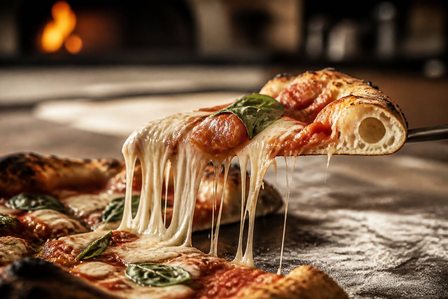 Part de pizza artisanale soulevée avec fromage filant et basilic frais