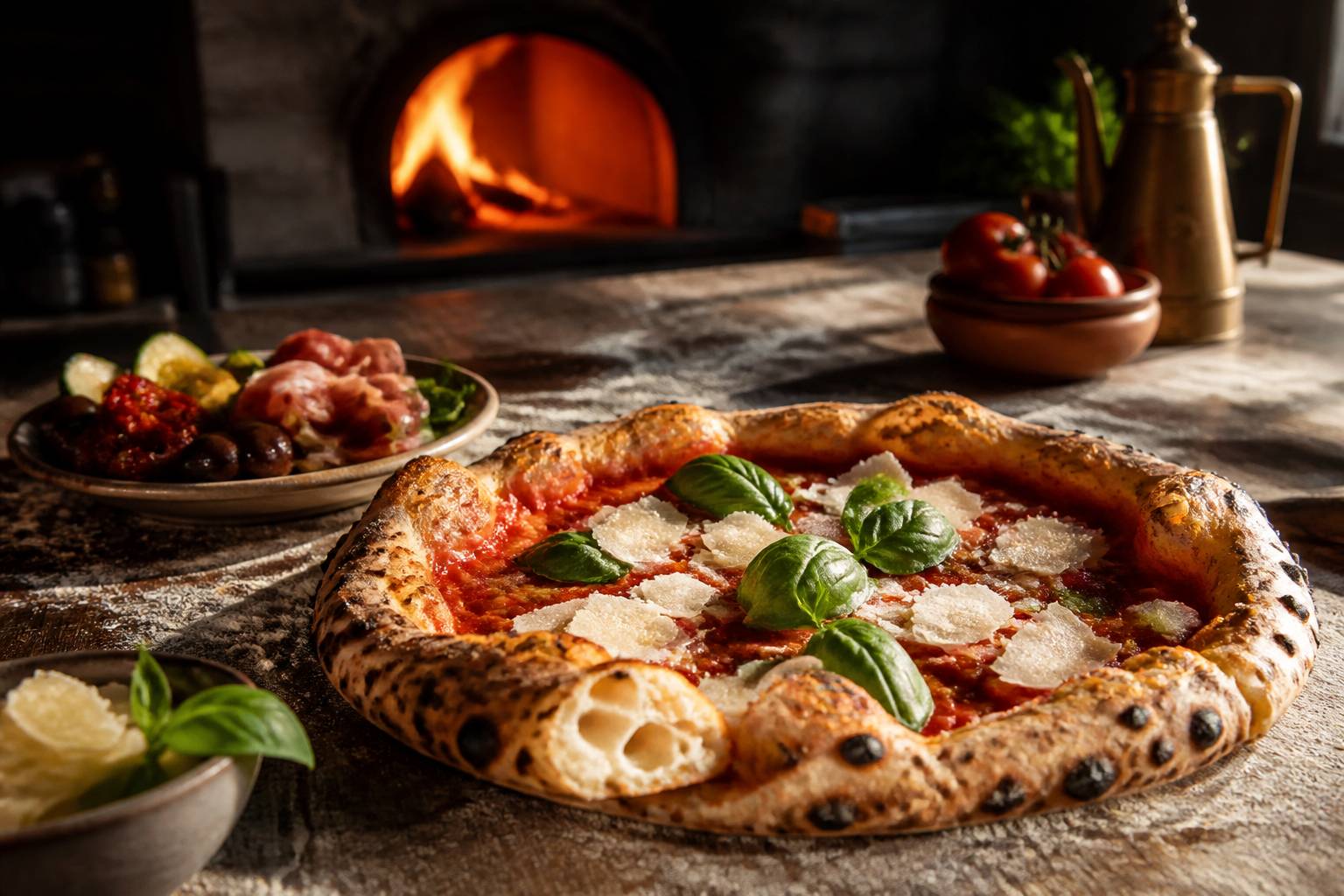 Pizza napolitaine à pâte gonflée avec basilic et antipasti