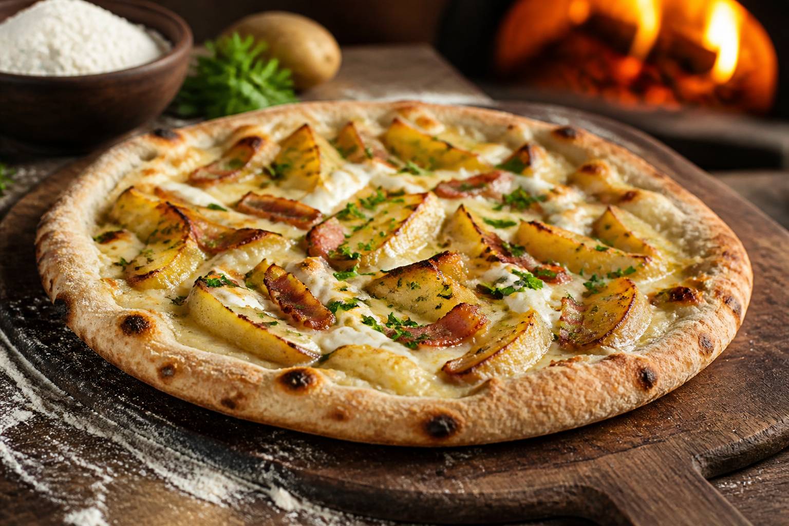 Pizza au reblochon garnie de pommes de terre et lardons sur une planche