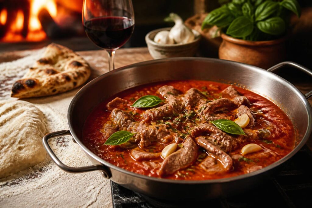 Sauteuse avec de fines tranches de viande mijotant dans une sauce tomate parfumée