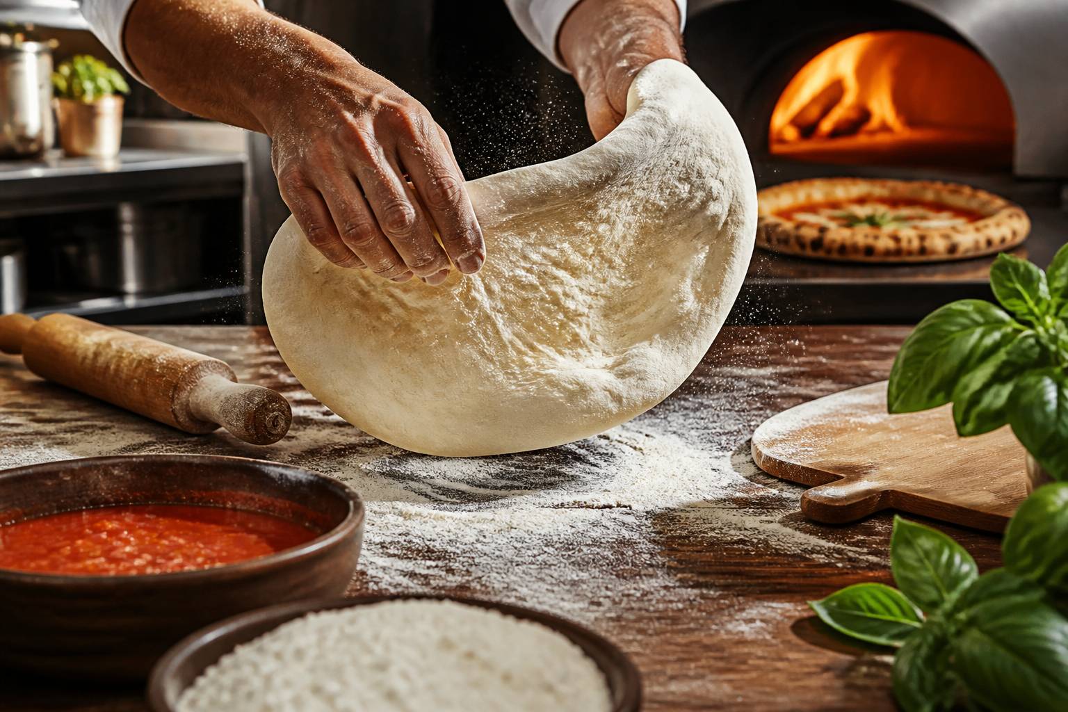 Mains étirant une pâte à pizza sur un plan de travail fariné