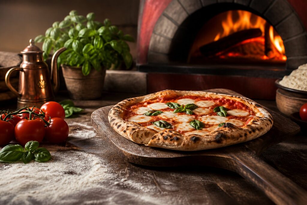 Pizza cuite au feu de bois sur pelle en bois, farine sur plan de travail, tomates et basilic
