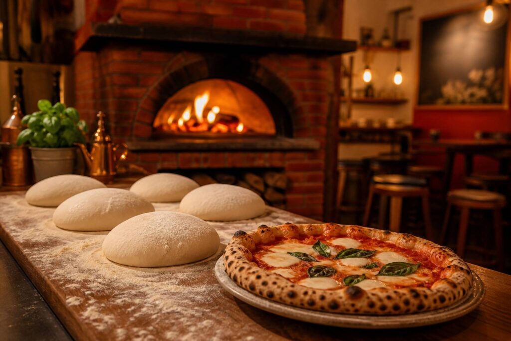 Four à bois et plan de travail fariné avec des pâtons de pizza