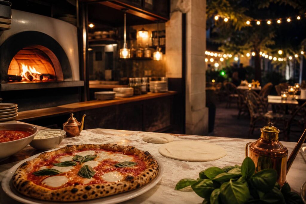 Pizzeria de quartier chaleureuse le soir avec four à bois et terrasse éclairée