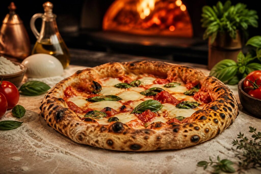 Pizza artisanale à croûte léopardée sur un plan de travail fariné près du four