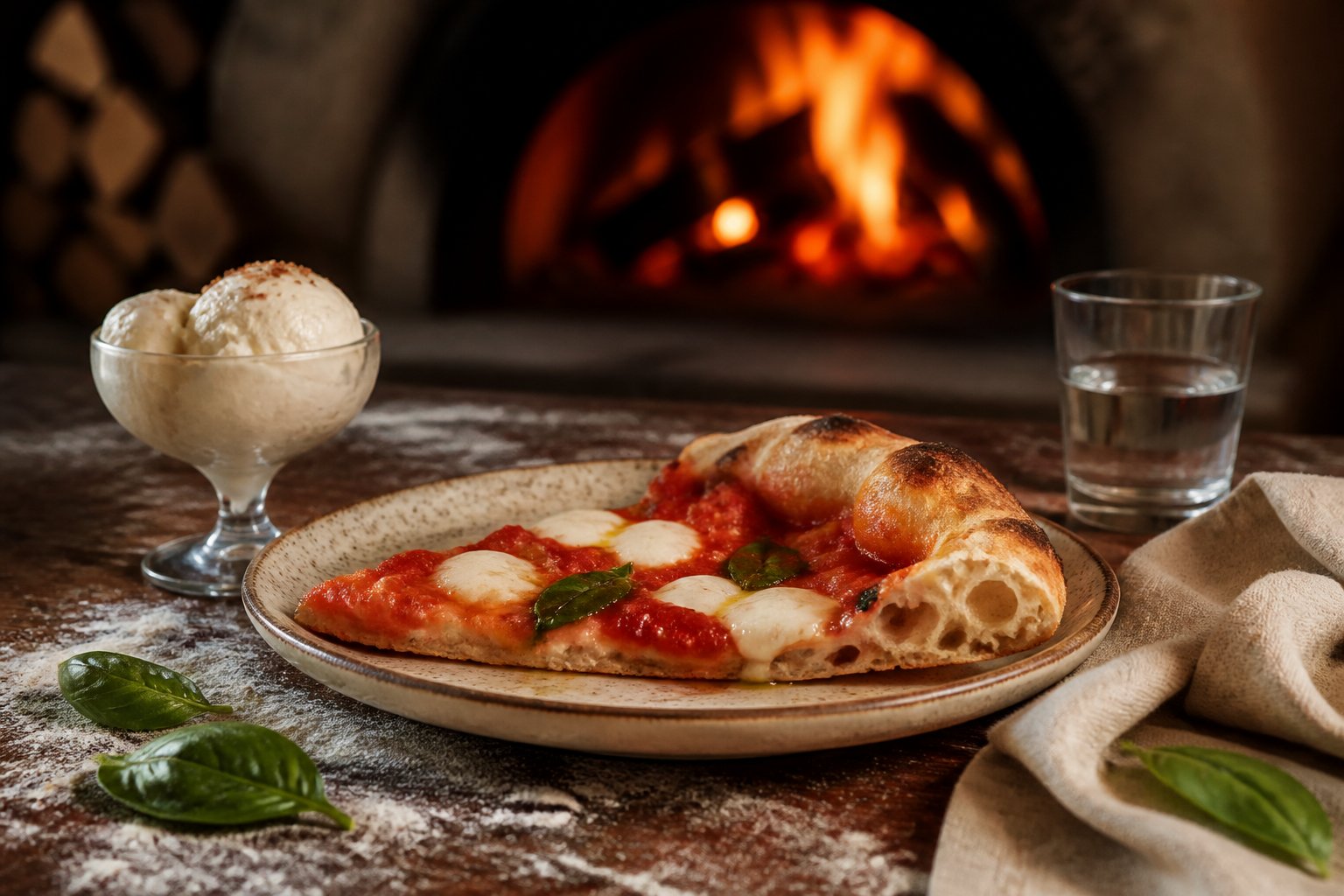 Part de pizza artisanale et coupe de glace générique sur table de dégustation, lumière chaude