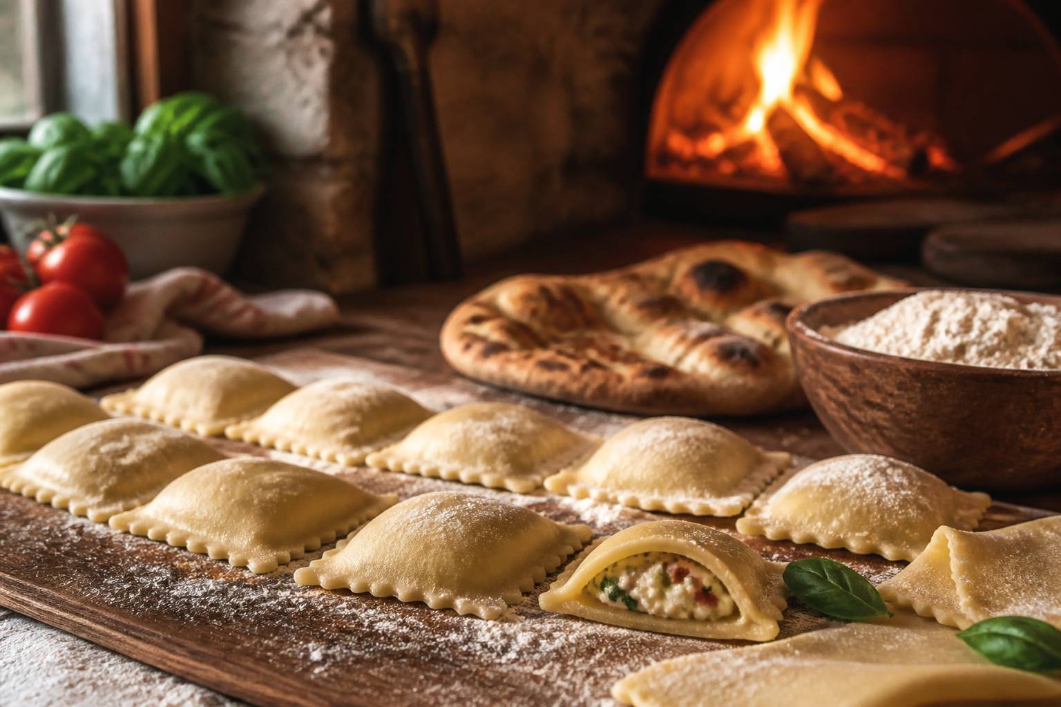 Raviolis frais garnis posés sur une planche farinée