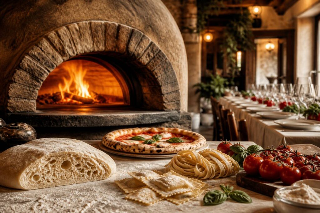 Salle de restaurant italien avec four à bois et pâtes fraîches farinées