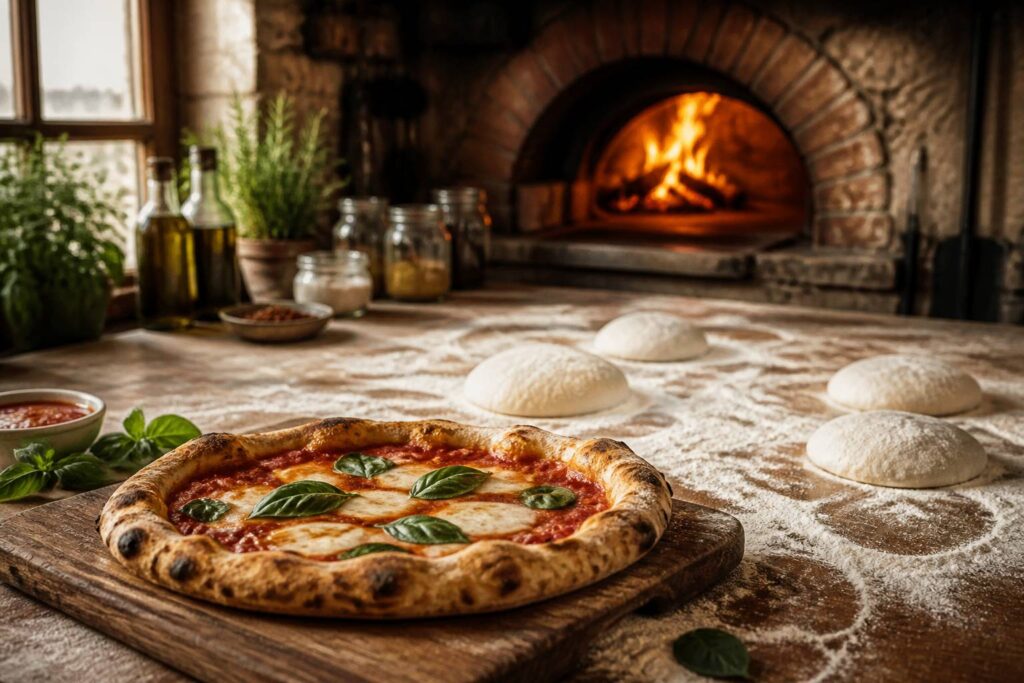 Restaurant italien artisanal avec four à bois en brique, plan de travail fariné et pizza à croûte léopardée