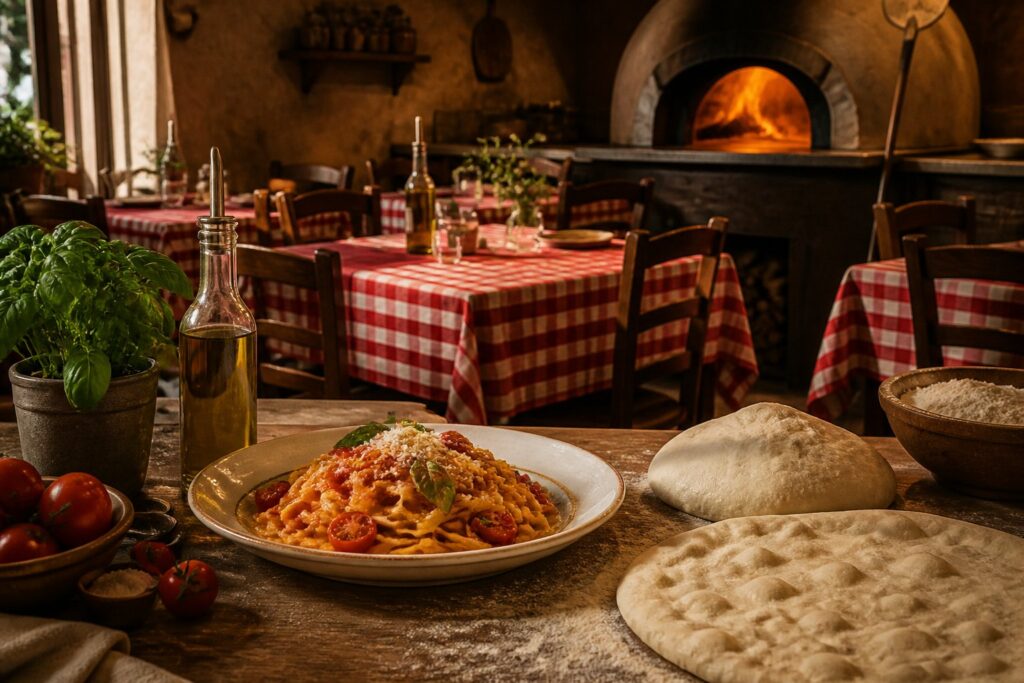 Salle de restaurant italien avec nappes à carreaux rouges et blancs, assiette de pâtes et huile d'olive