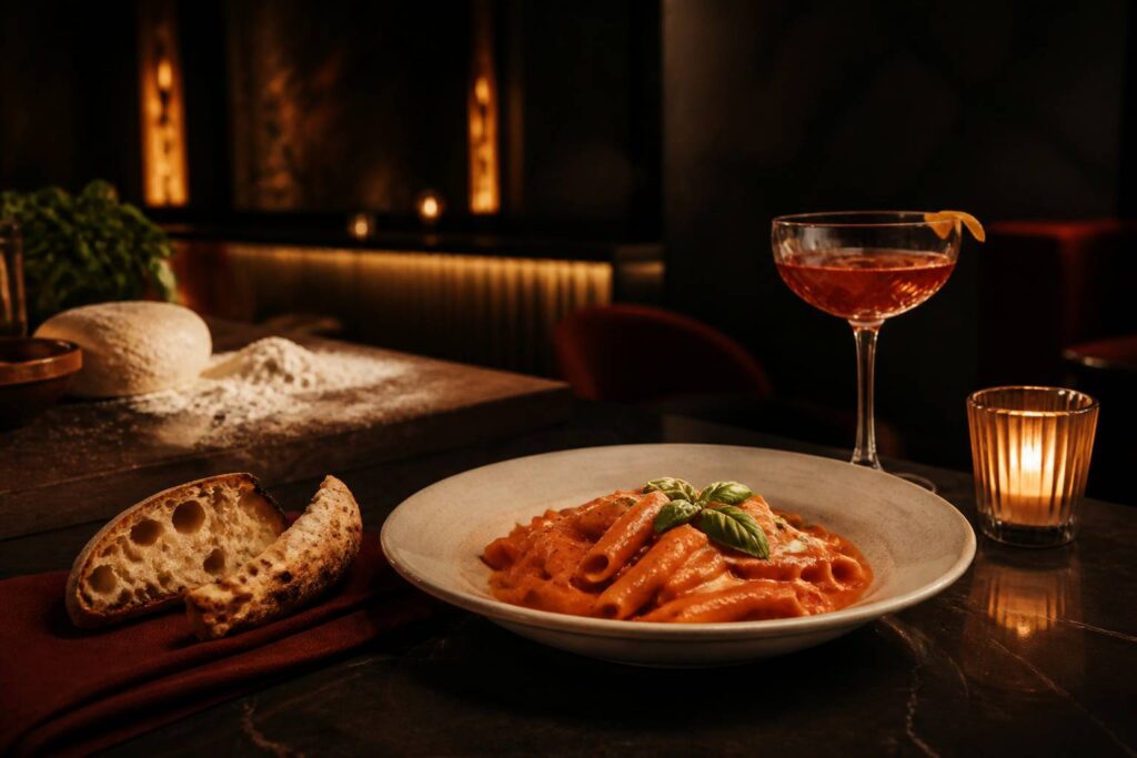 Assiette de pâtes à la vodka dans une ambiance feutrée de restaurant