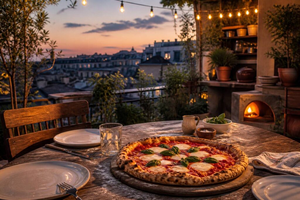 Terrasse sur un toit au crépuscule avec une table de restaurant italien et des plantes