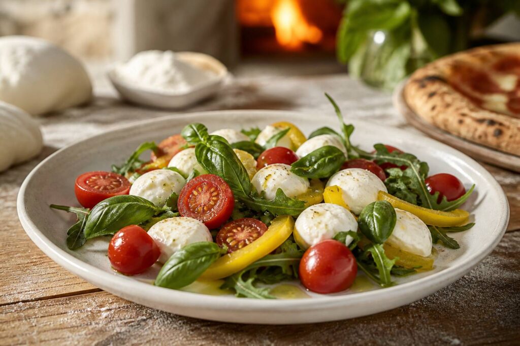 Salade de mozzarella crémeuse avec tomates cerises, roquette et basilic frais