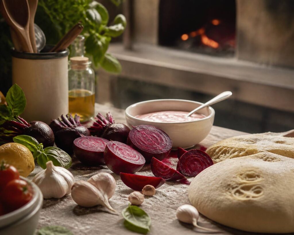 Betteraves rouges avec bol de sauce rose et citron sur une table