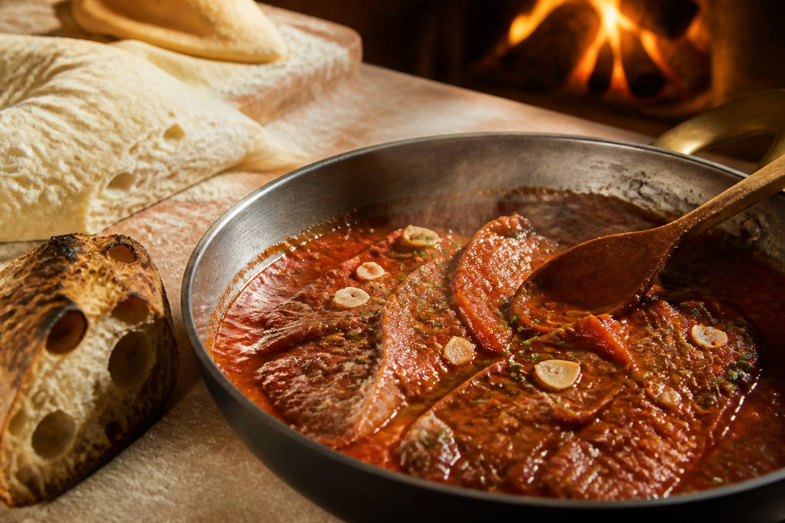 Tranches de viande nappées de sauce tomate réduite avec origan et ail