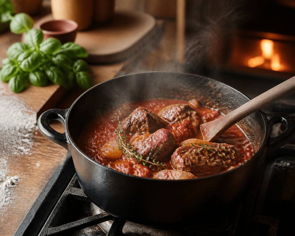 Sauté d'agneau mijoté dans une cocotte en fonte avec du thym