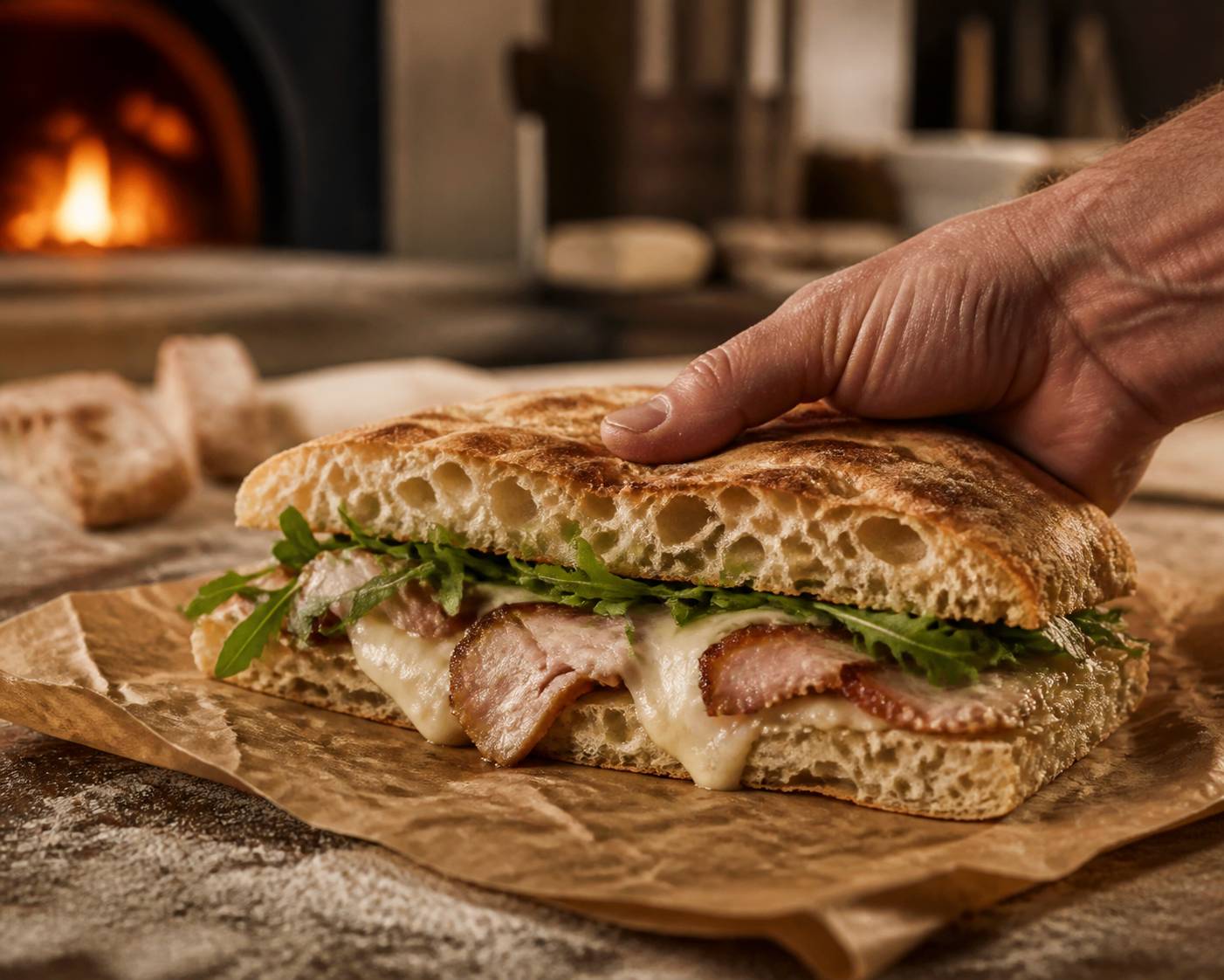 Schiacciata garnie de porchetta, fromage fondu et roquette