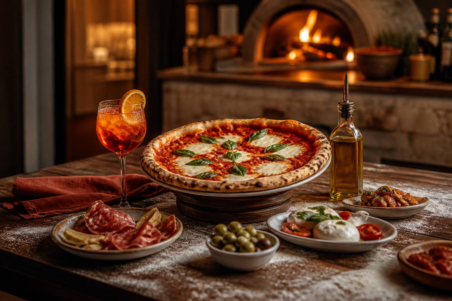 Table de restaurant italien avec pizza, antipasti et cocktail