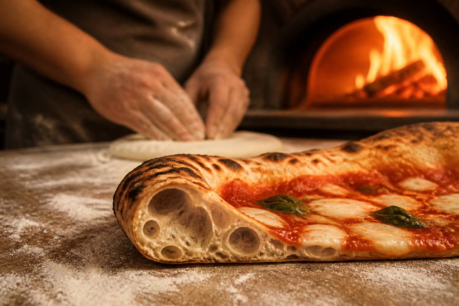Tranche de pizza napolitaine à la pâte fine alvéolée et bordure gonflée