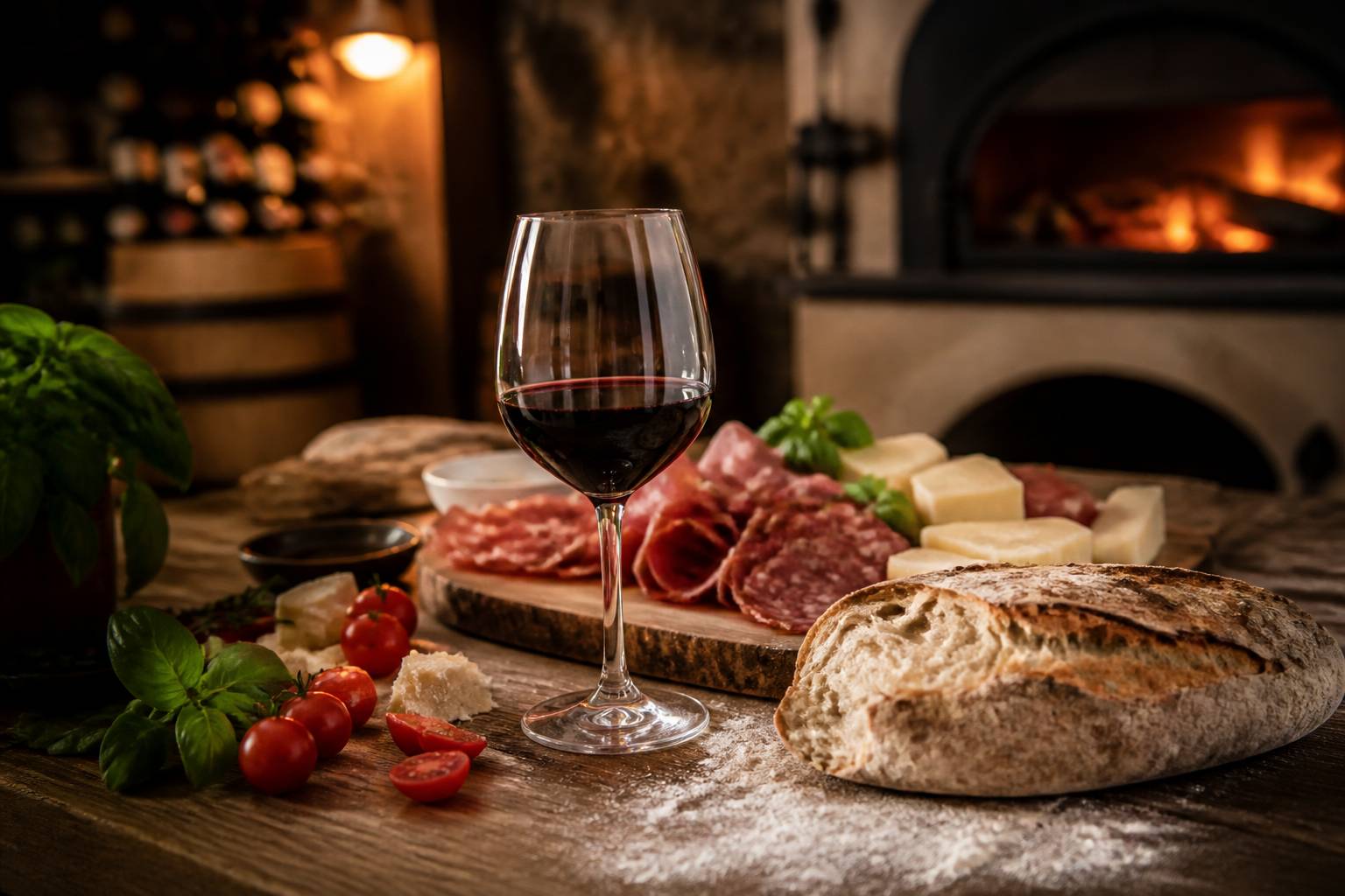 Verre de vin rouge avec planche de charcuterie et fromage